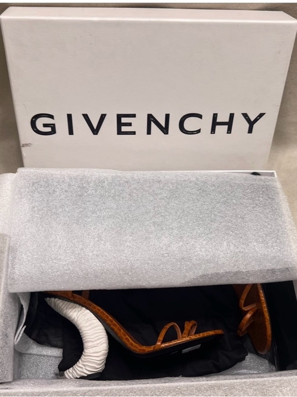 Givenchy Tan Croc-Effect Ankle-Strap Heels with Crocodile Embossed Horn Sandals - Picture 6 of 10